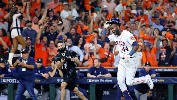 Oct 11, 2022; Houston, Texas, USA; Houston Astros designated hitter Yordan Alvarez (44) celebrates after after hitting a walk-off three-run home run against the Seattle Mariners during the ninth inning in game one of the ALDS for the 2022 MLB Playoffs at Minute Maid Park.